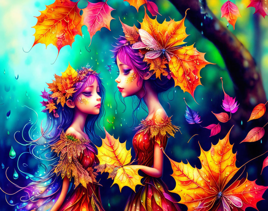 Fantasy figures with autumn leaf wings in vibrant forest setting