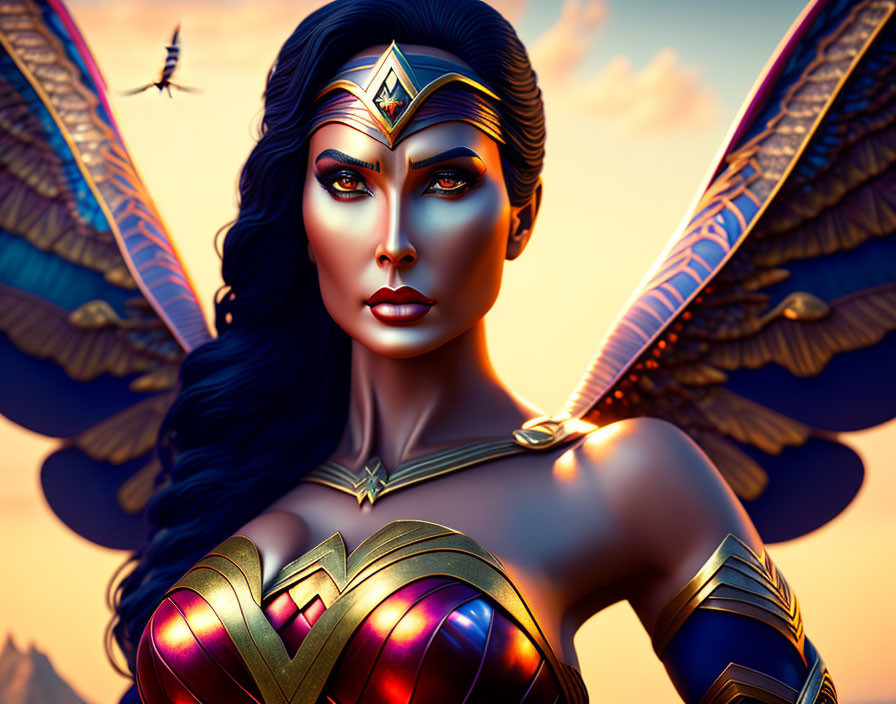 Female superhero illustration: golden tiara, winged armor, determined gaze, sunset sky backdrop.