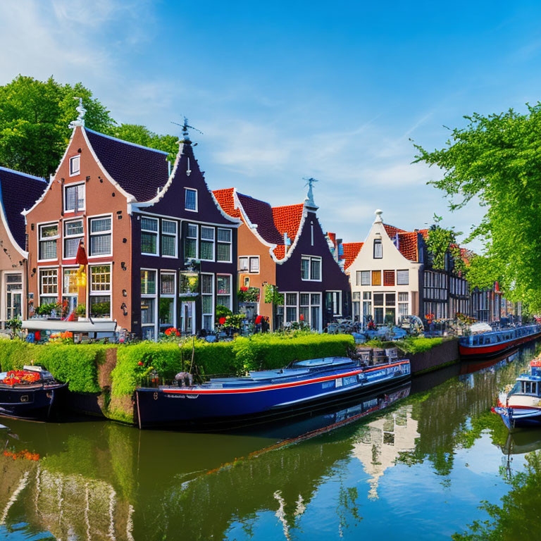 Scenic Dutch canal with traditional houses, boats, and green trees