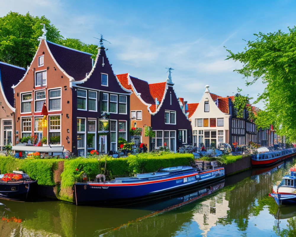 Scenic Dutch canal with traditional houses, boats, and green trees