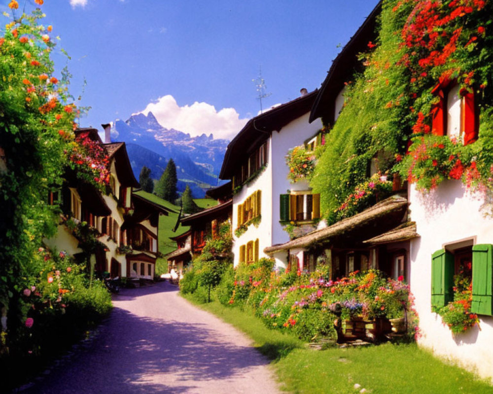 Traditional village street with colorful flowers, green shutters, and mountains in the background