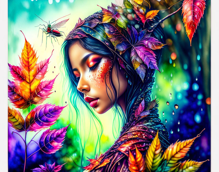 Colorful digital artwork: woman with autumn leaves, mosquito, rain-spattered bokeh.