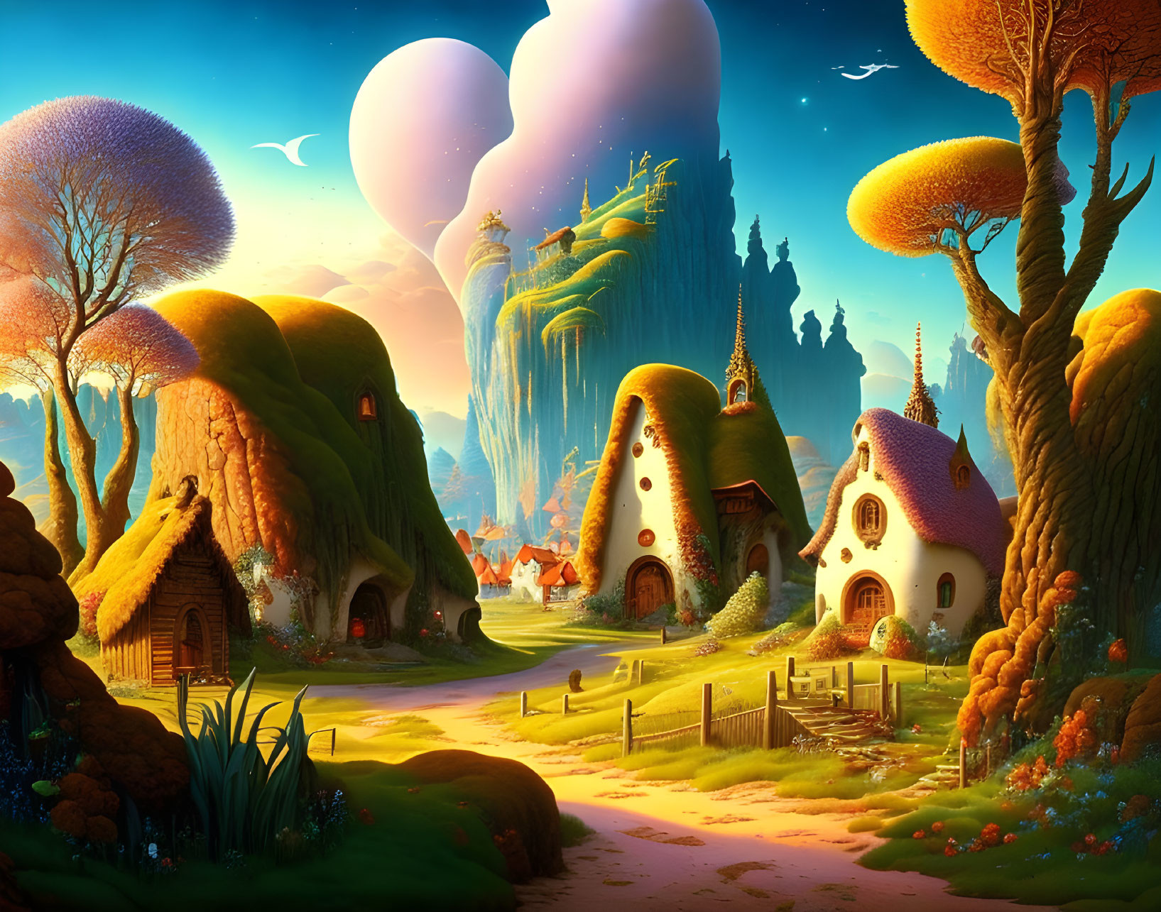 Fantasy landscape with mushroom houses and floating islands