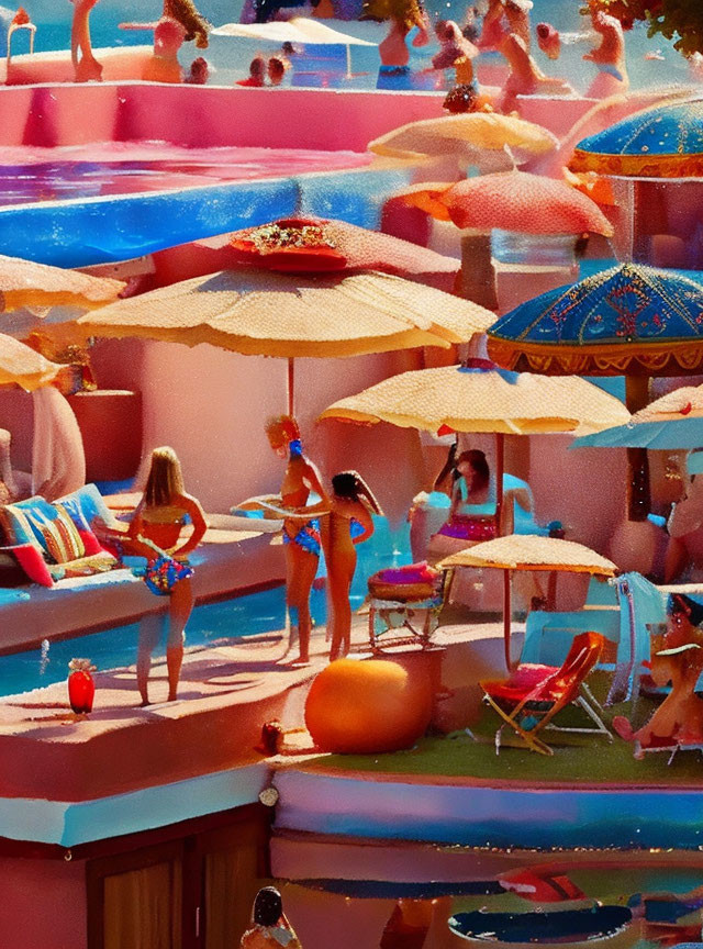 Colorful Pool Scene with Sunbathers and Swimmers, Parasols, Loungers, and