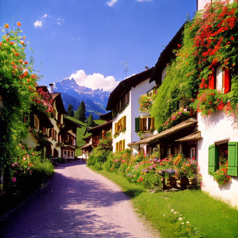 Traditional village street with colorful flowers, green shutters, and mountains in the background