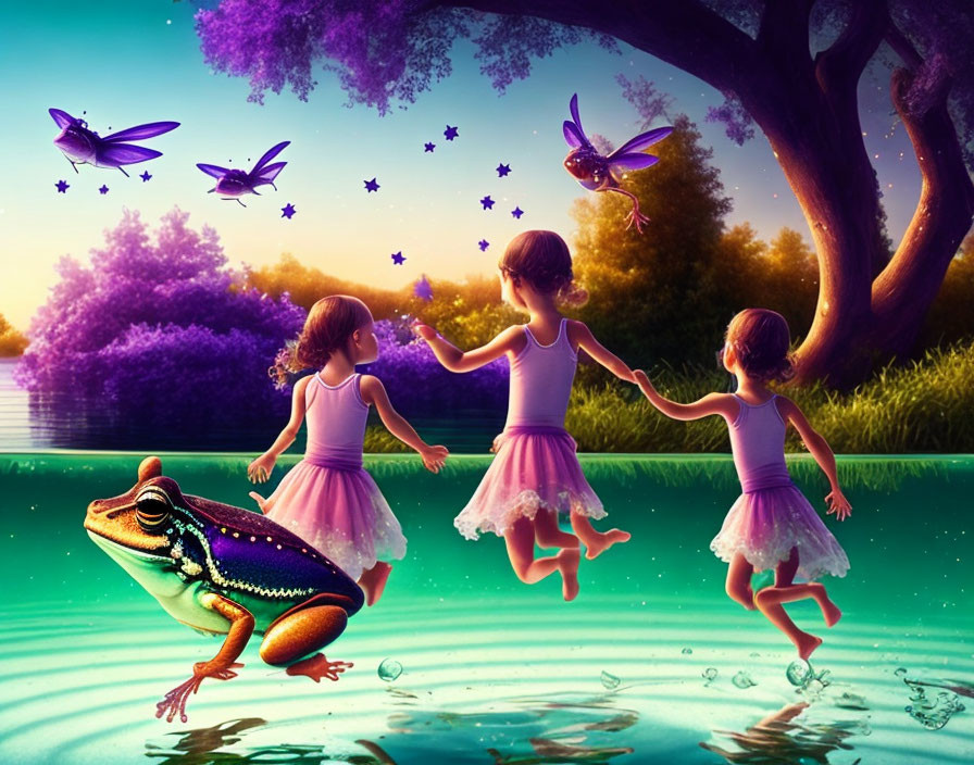 Three young girls in purple dresses dancing by lakeside with frog and dragonflies at twilight