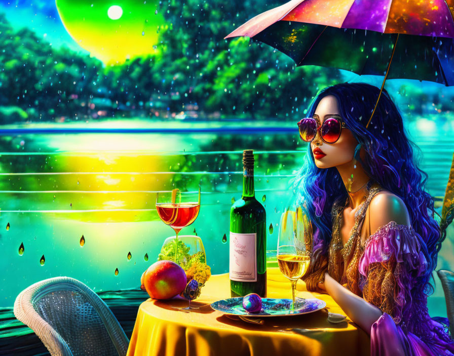 Illustration of woman with blue hair at lakeside table under starry sky