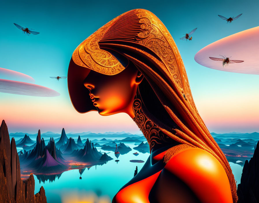 Digital art profile: Woman with intricate headgear in surreal sunset landscape