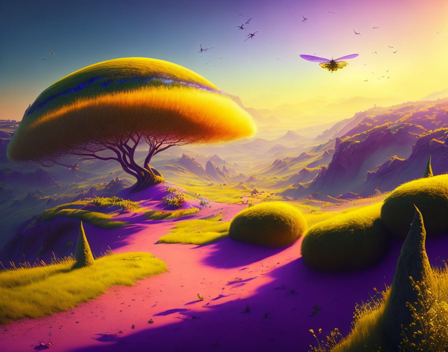 Colorful fantasy landscape with flat canopy tree, moss-covered rocks, purple ground, and flying insect craft