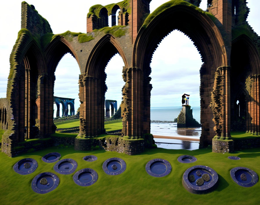 Gothic archway ruins on grassy field with blue patterns, lighthouse by the sea