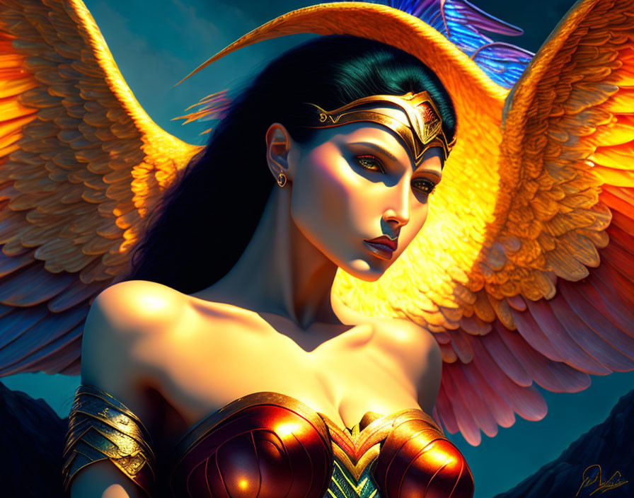 Golden-winged female figure with crown in fantasy illustration.