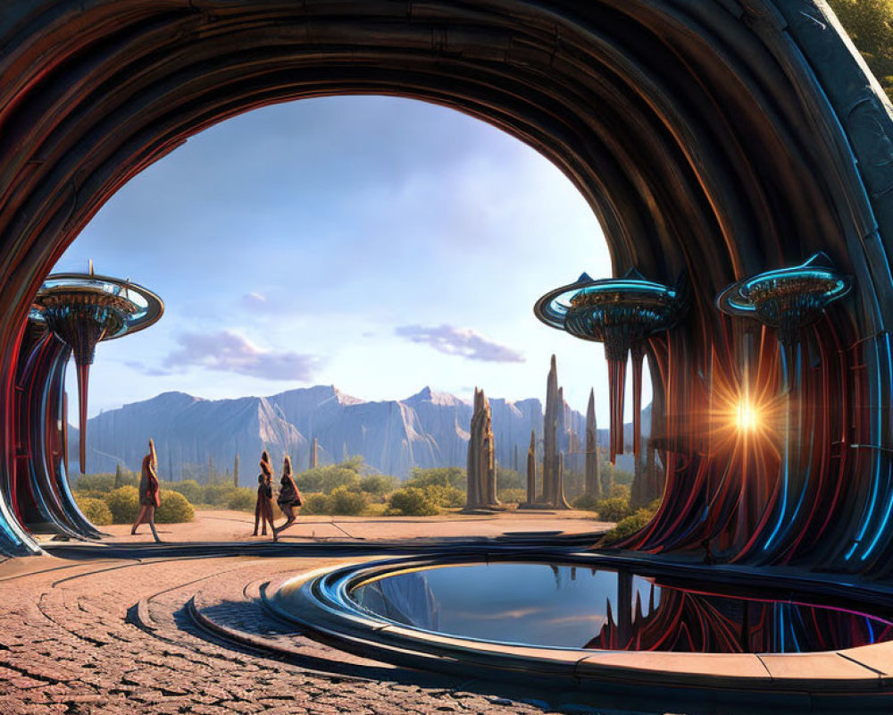 Futuristic circular structure with people overlooking mountainous landscape