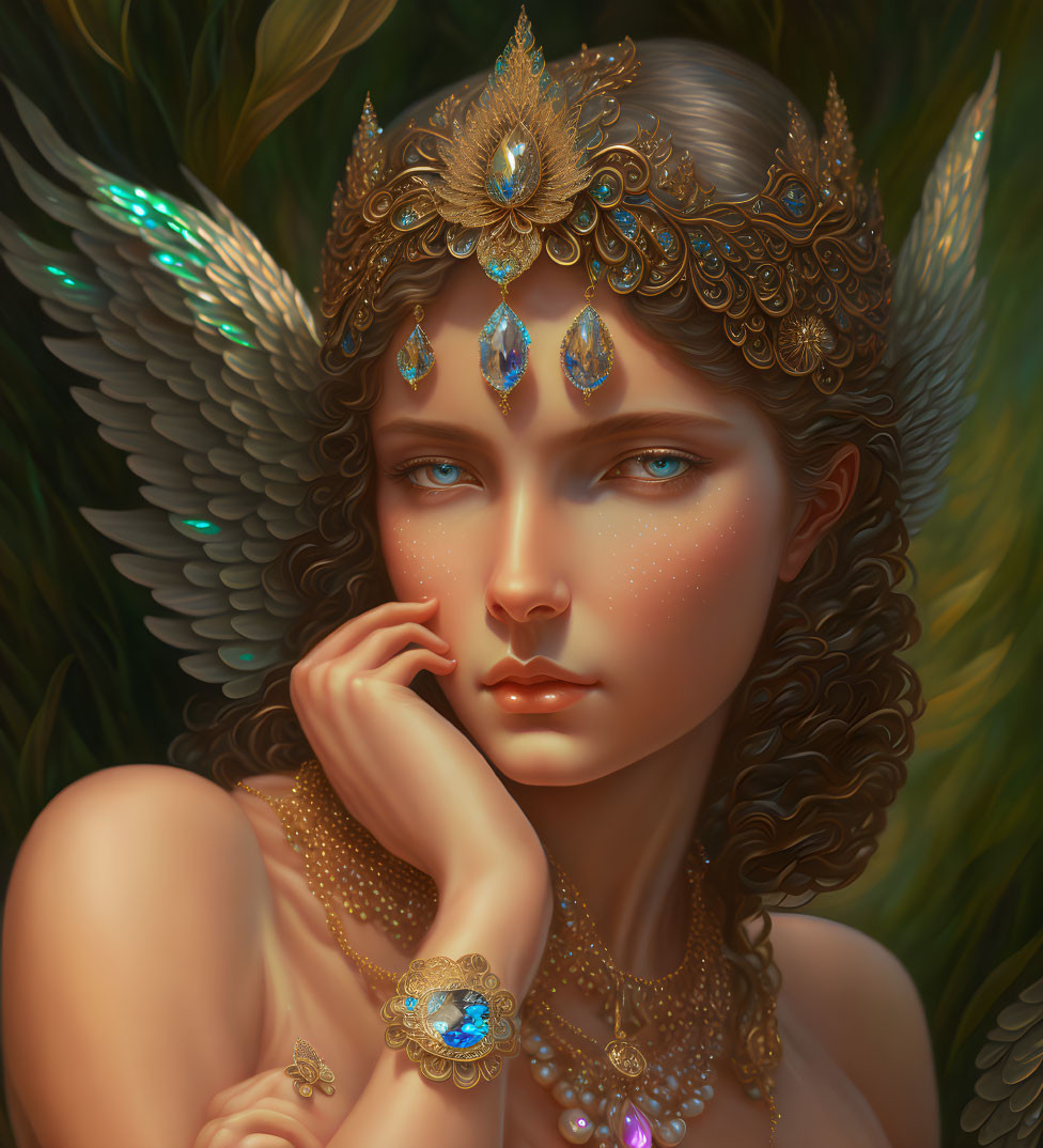 Digital artwork: Woman with fantasy theme, golden jewelry, peacock feathers, serene expression