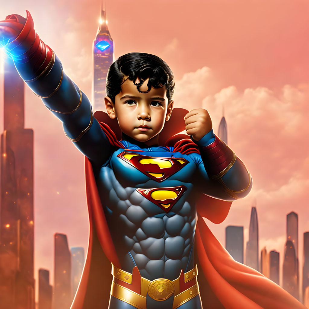 Young boy in Superman costume poses confidently against stylized cityscape at sunset