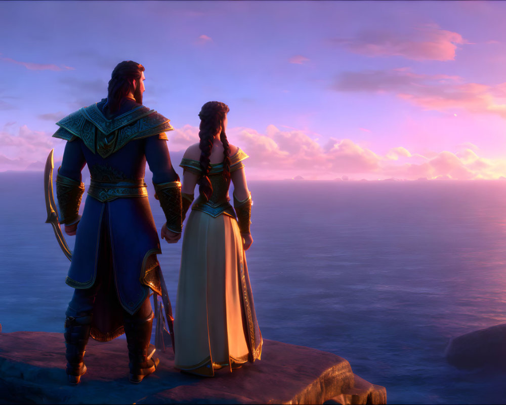 Animated characters on cliff at sunset overlooking ocean