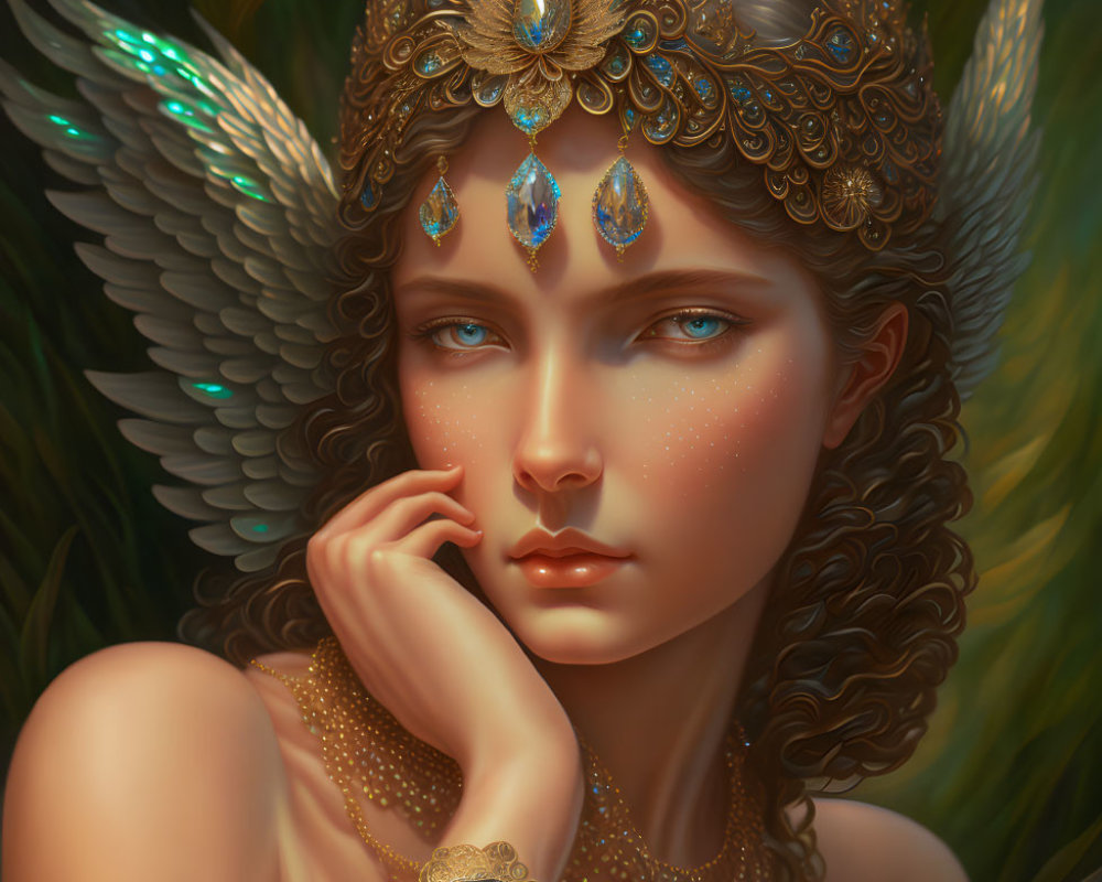 Digital artwork: Woman with fantasy theme, golden jewelry, peacock feathers, serene expression