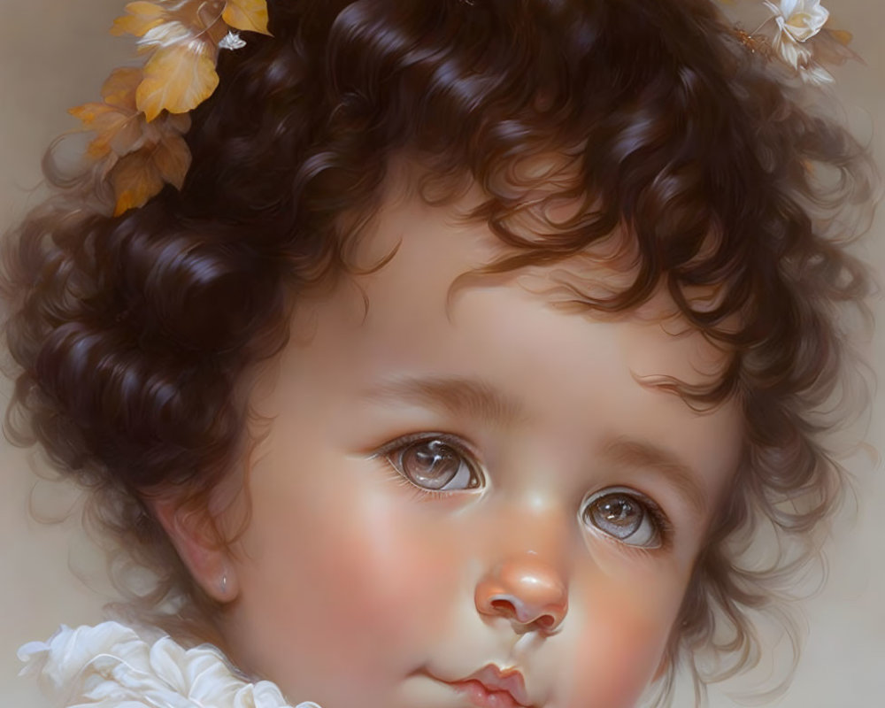 Toddler portrait with curly hair, autumn leaves, big brown eyes, blush, and lace collar