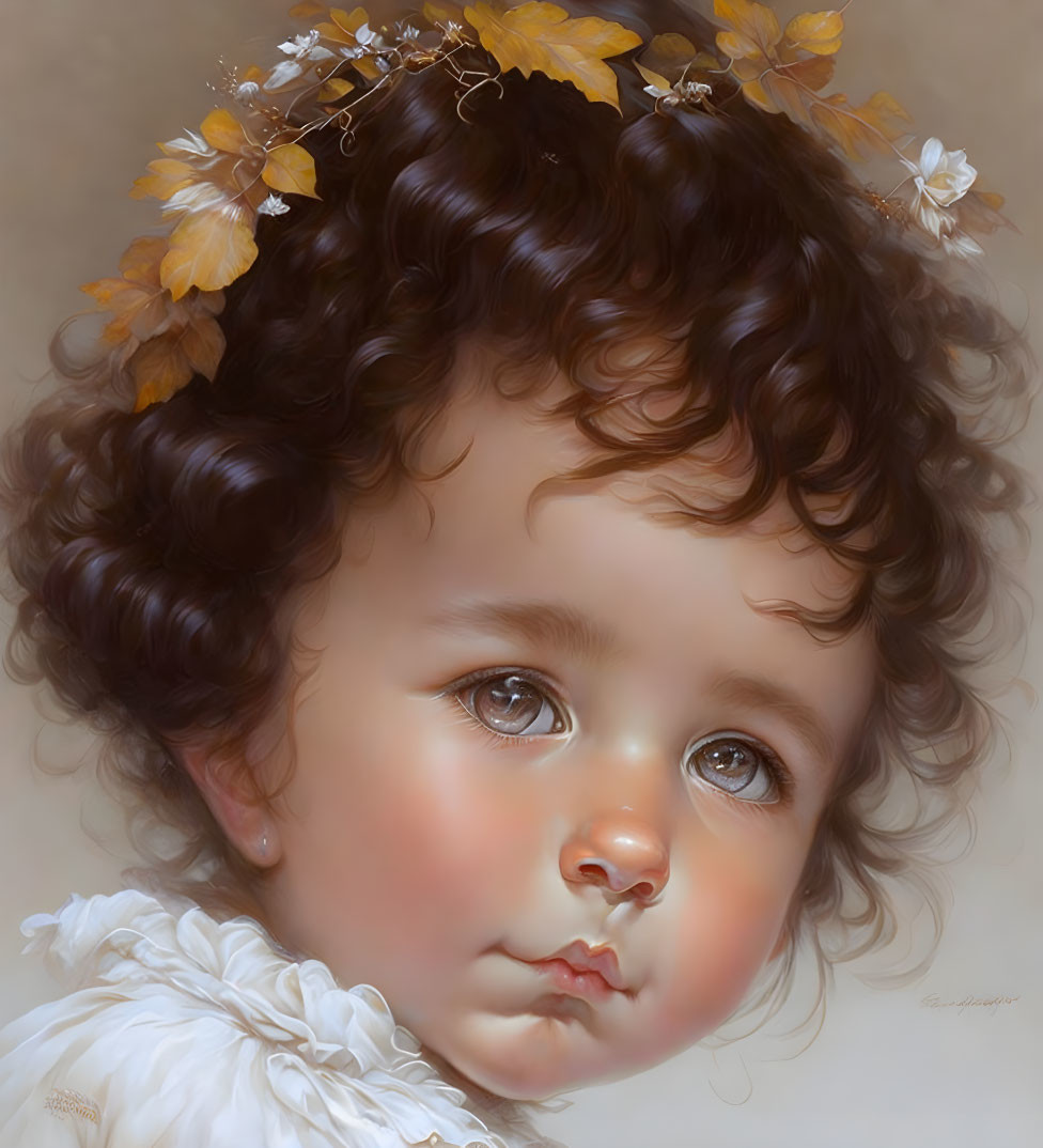 Toddler portrait with curly hair, autumn leaves, big brown eyes, blush, and lace collar