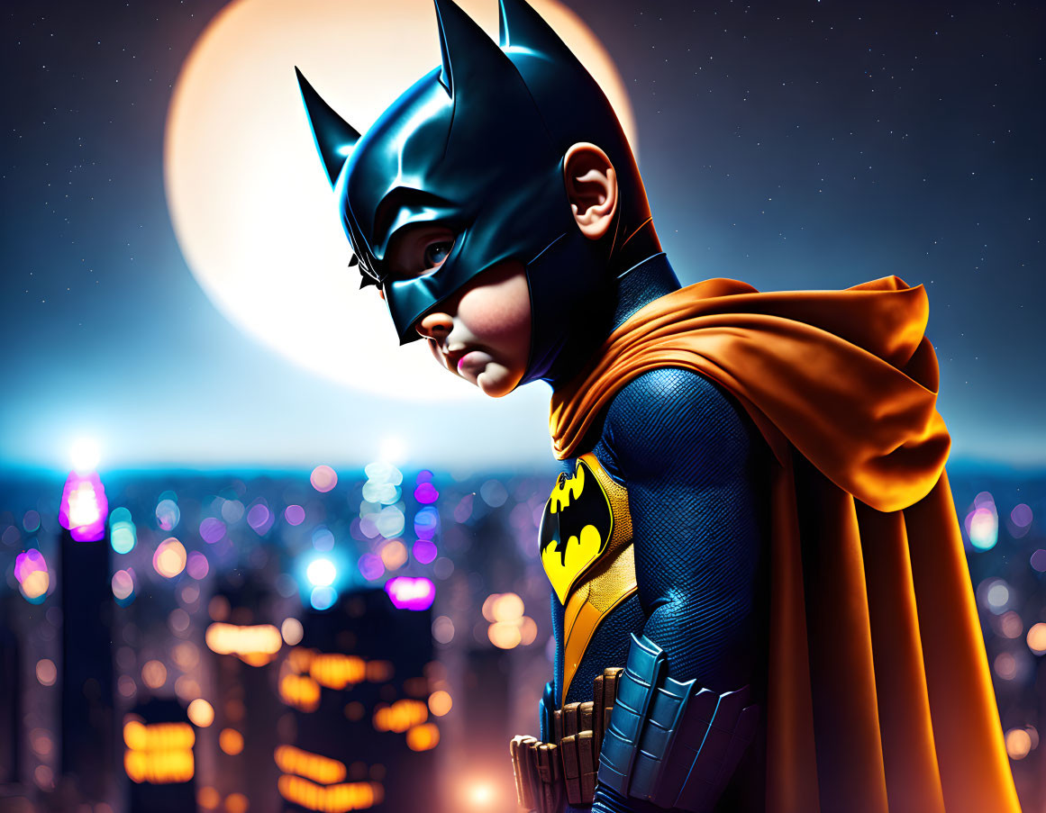 Child in Batman costume gazes at cityscape under full moon