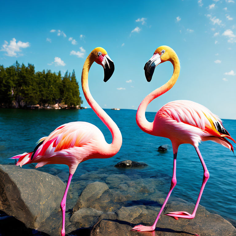 Pair of flamingos on rocky shore with trees and blue sky
