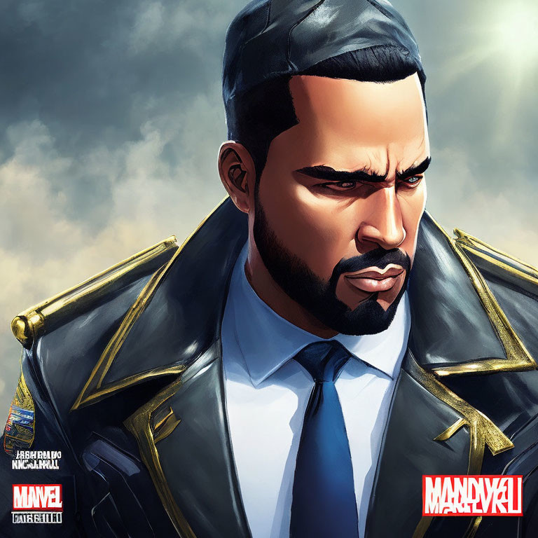 Bearded man in military jacket against cloudy sky