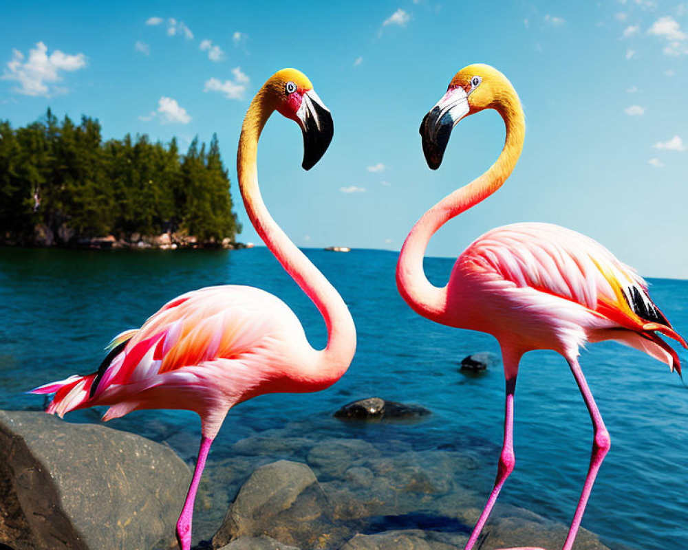 Pair of flamingos on rocky shore with trees and blue sky