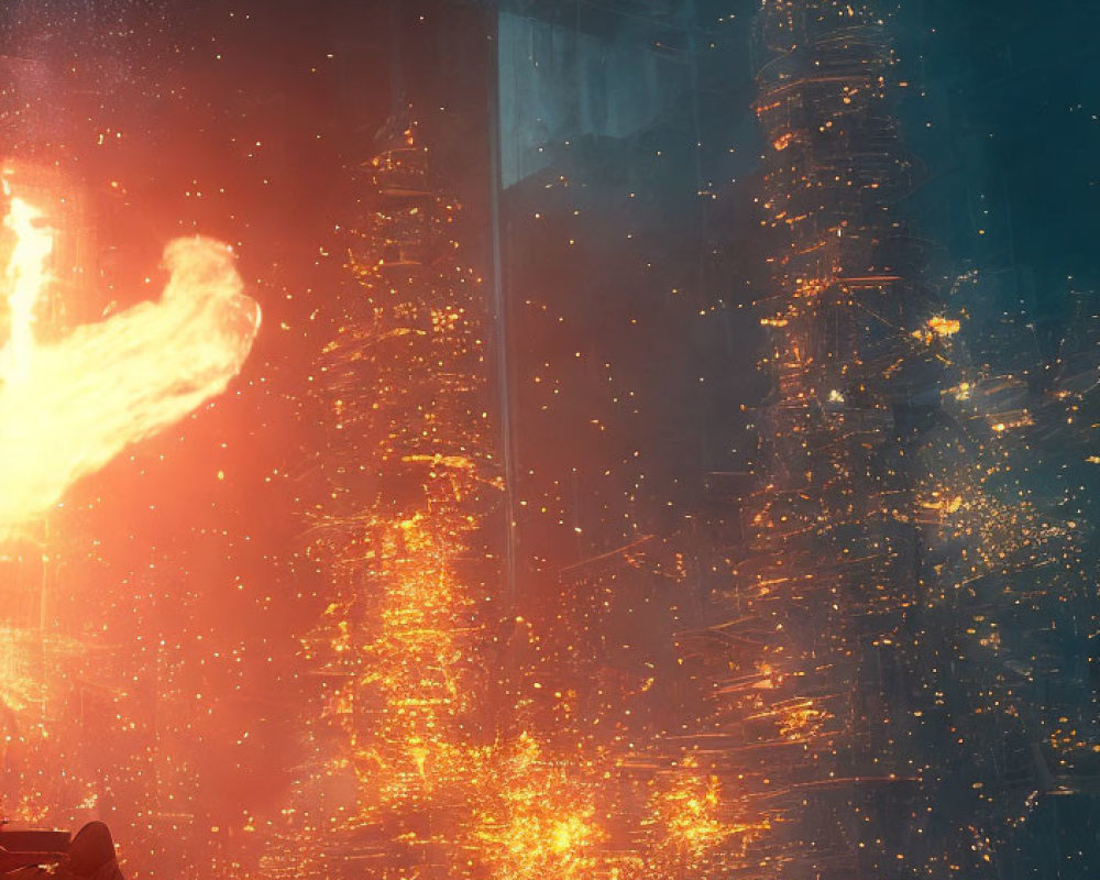 Fiery explosion with sparks and flames in industrial setting