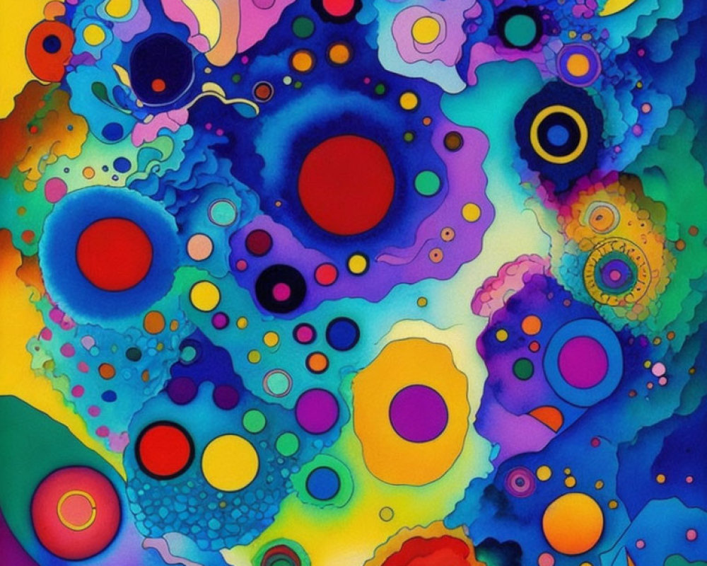 Colorful Abstract Painting with Overlapping Circles and Dots in Red, Blue, and Yellow