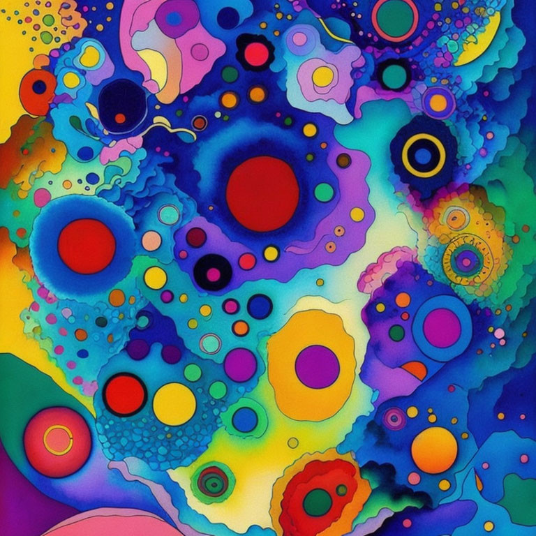 Colorful Abstract Painting with Overlapping Circles and Dots in Red, Blue, and Yellow