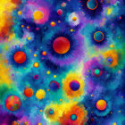 Colorful Abstract Painting with Overlapping Circles and Dots in Red, Blue, and Yellow