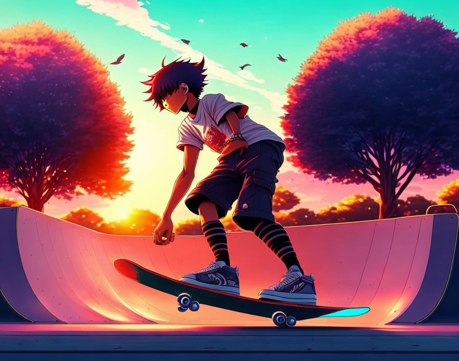 Colorful sunset skateboarding scene with birds and trees in a park