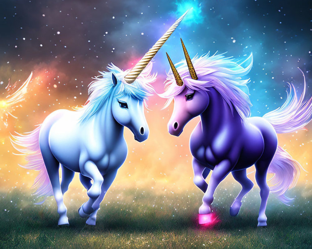 Animated white and purple unicorns in mystical grass field under starry sky