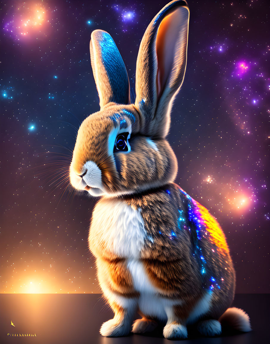 Cosmic patterned rabbit against starry background