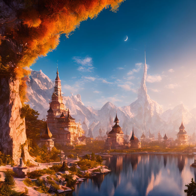 Fantastical landscape with castle, mountains, lake, and crescent moon at sunset