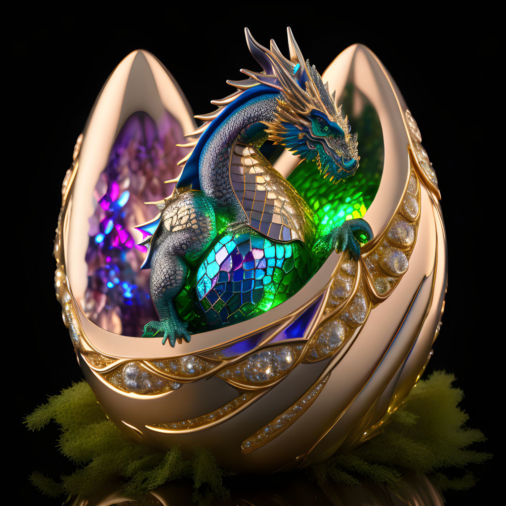 Metallic Dragon Emerges from Jeweled Egg with Golden Details