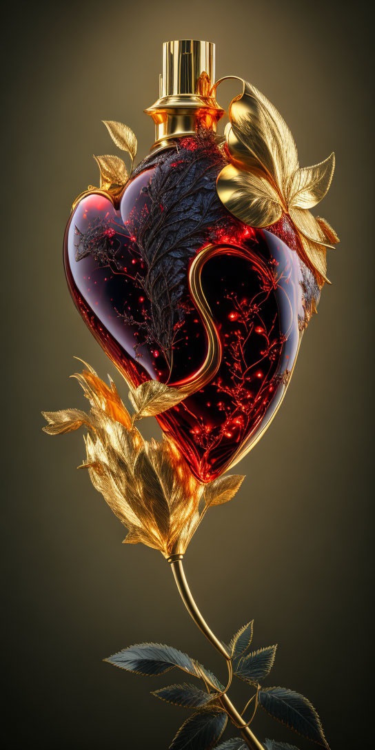 Heart-shaped perfume bottle with dark tree design and gold leaves