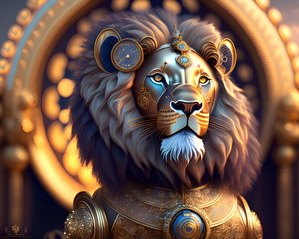 Majestic lion in golden armor with clock elements on circular backdrop