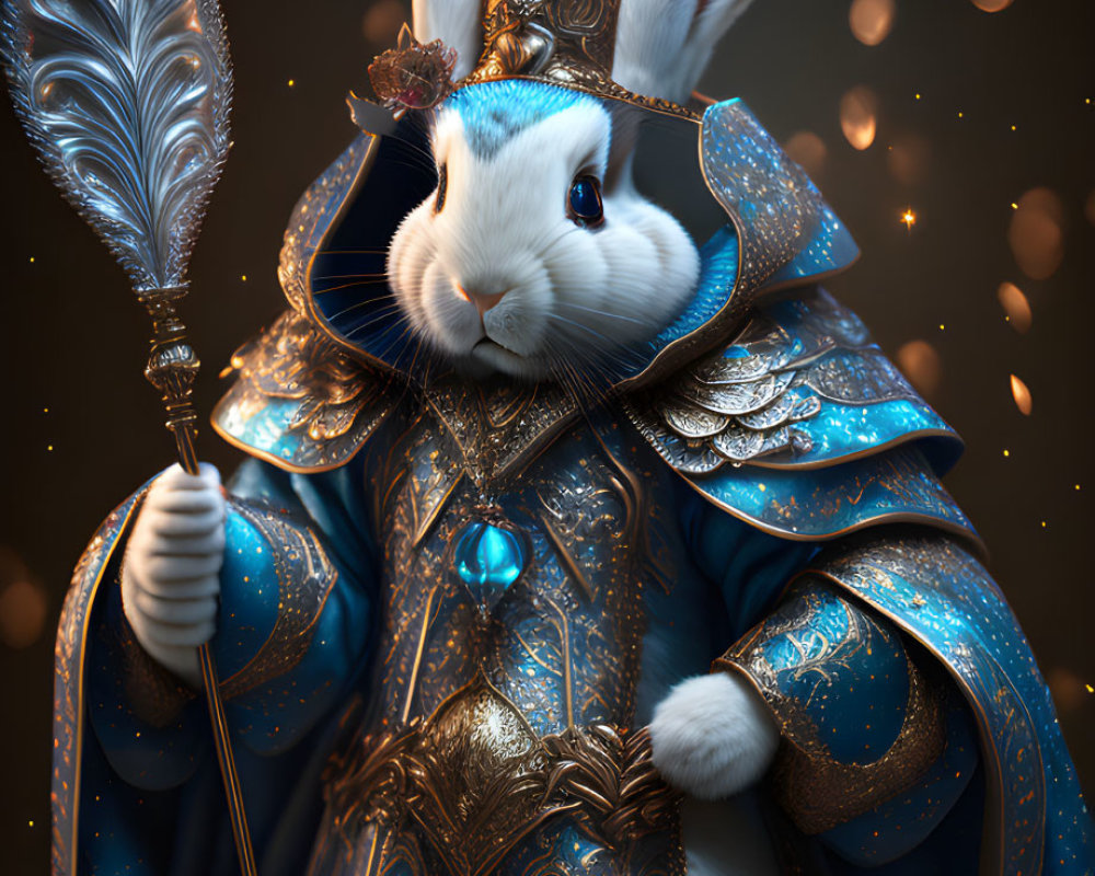 Regal rabbit in blue armor with crown and quill on dark background