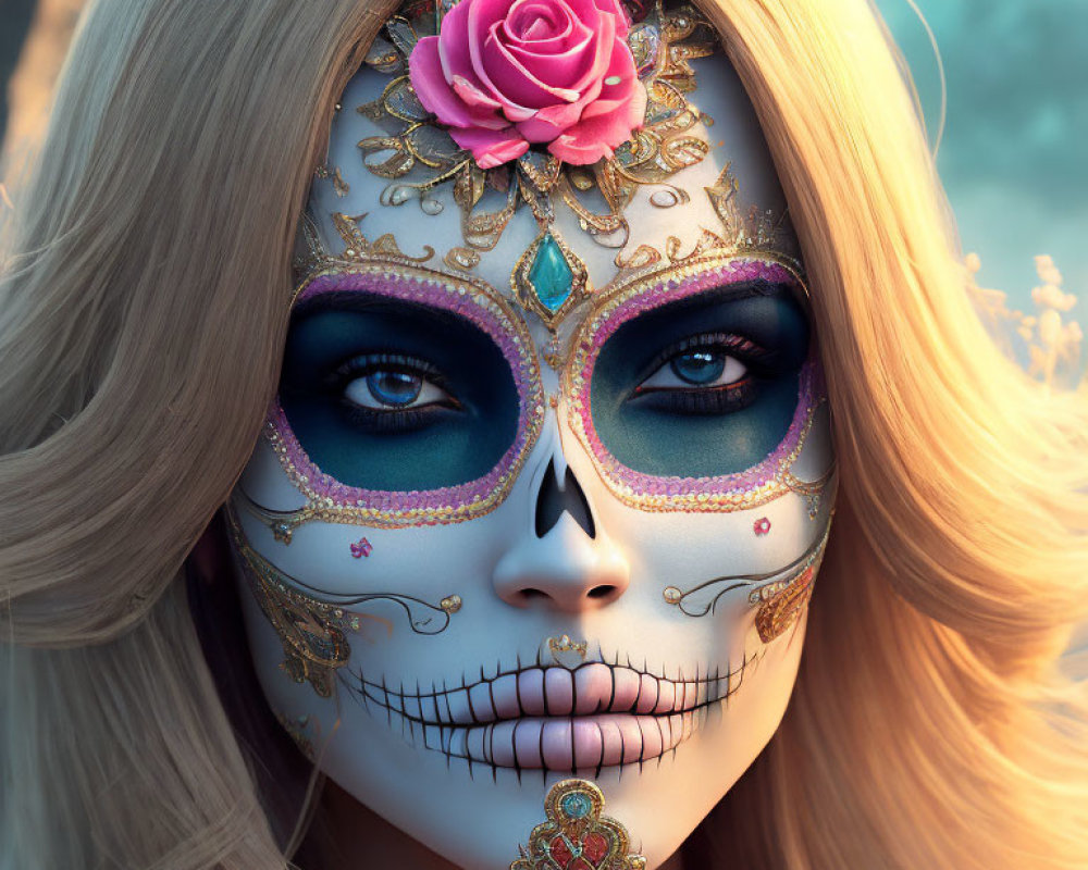 Blonde woman in Day of the Dead sugar skull mask with pink rose on forehead against twilight backdrop