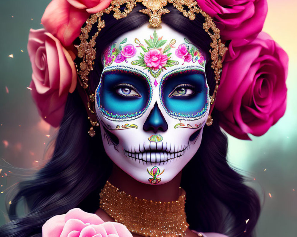 Woman with painted skull face and floral headdress: Day of the Dead symbolism