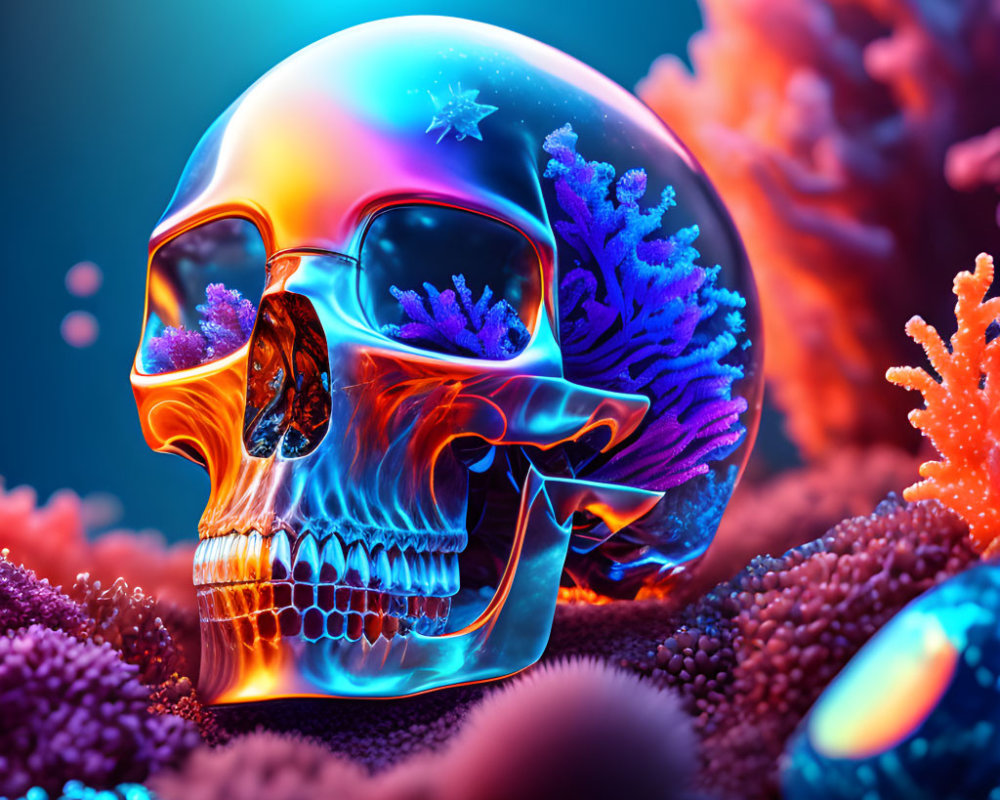 Colorful Digital Art: Translucent Skull in Coral with Cosmic Eye Socket