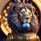 Majestic lion in golden armor with clock elements on circular backdrop