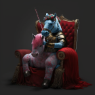 3D render of large and small armored unicorns on golden throne