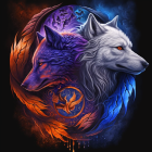 Detailed Digital Artwork of Three Glowing Wolves in Blue & Purple