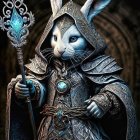 Regal rabbit in blue armor with crown and quill on dark background