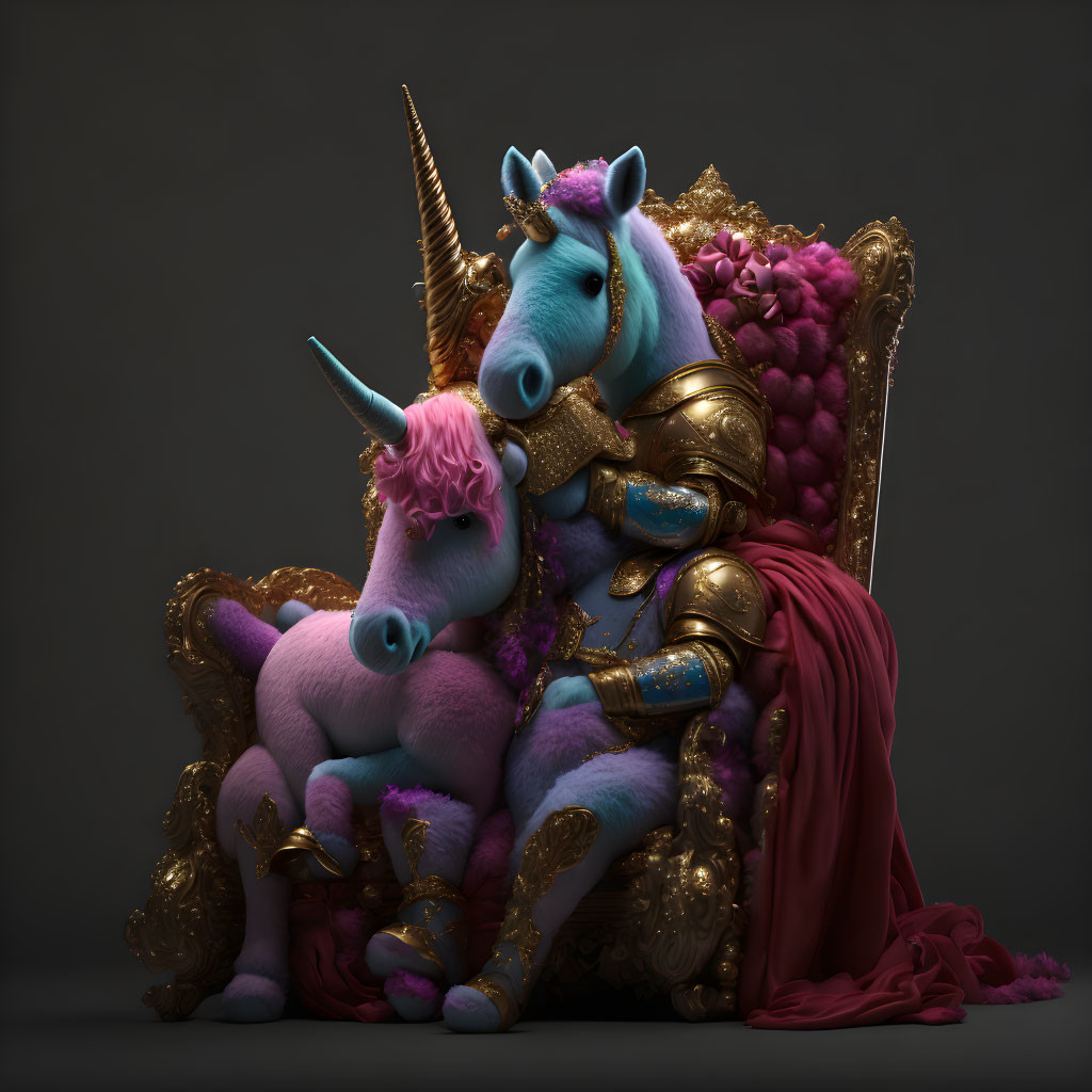 3D render of large and small armored unicorns on golden throne