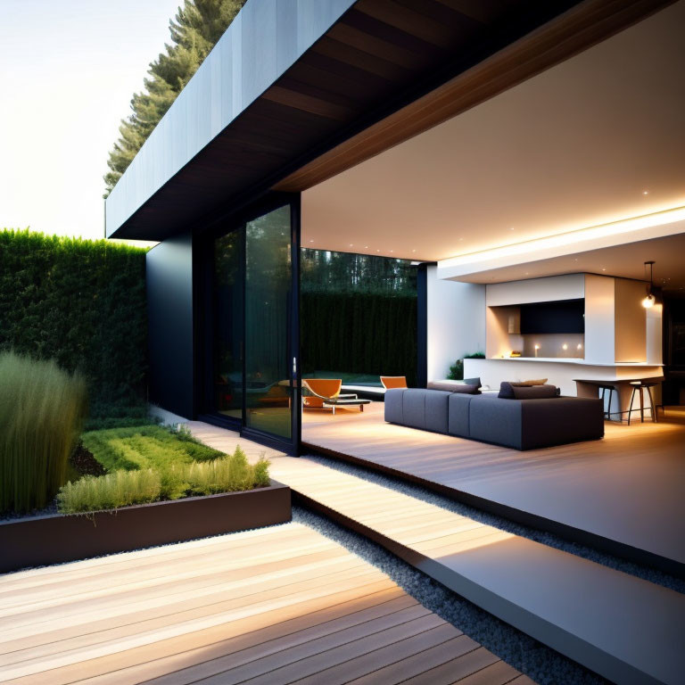 Contemporary House Exterior with Large Windows and Seamless Indoor-Outdoor Transition