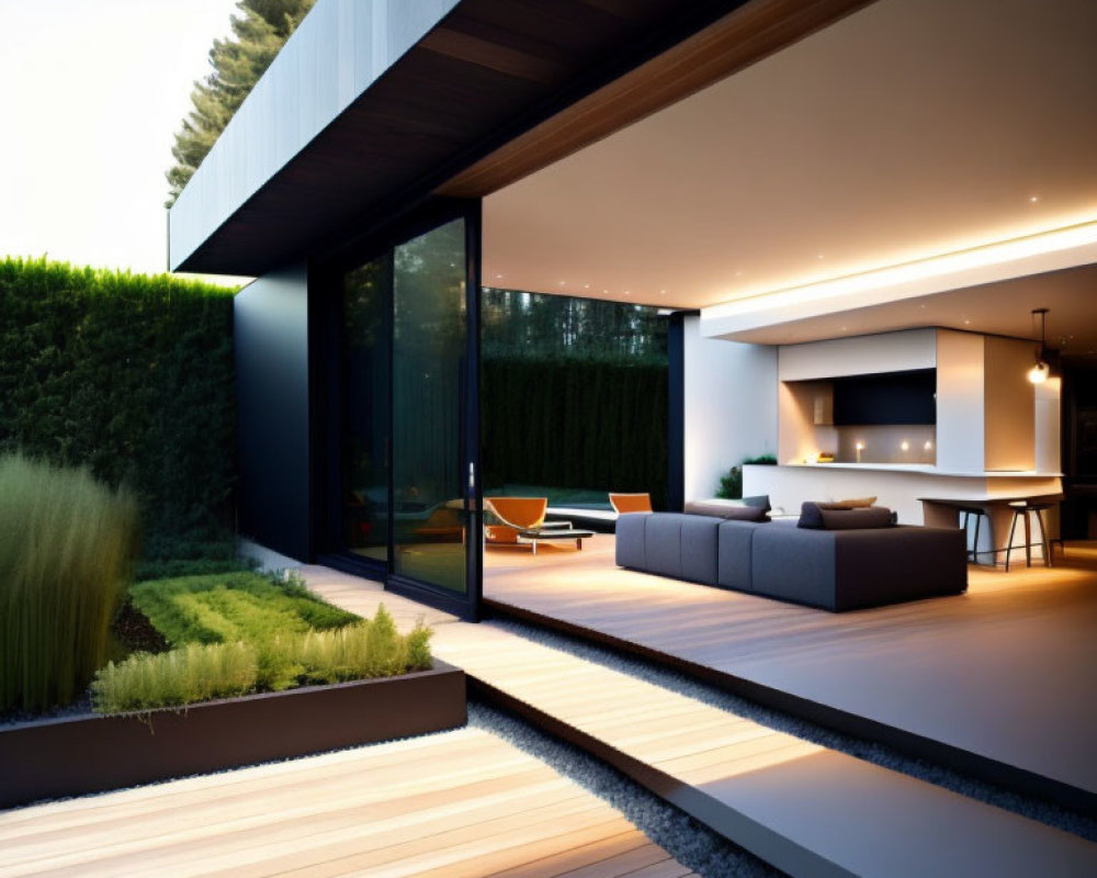 Contemporary House Exterior with Large Windows and Seamless Indoor-Outdoor Transition