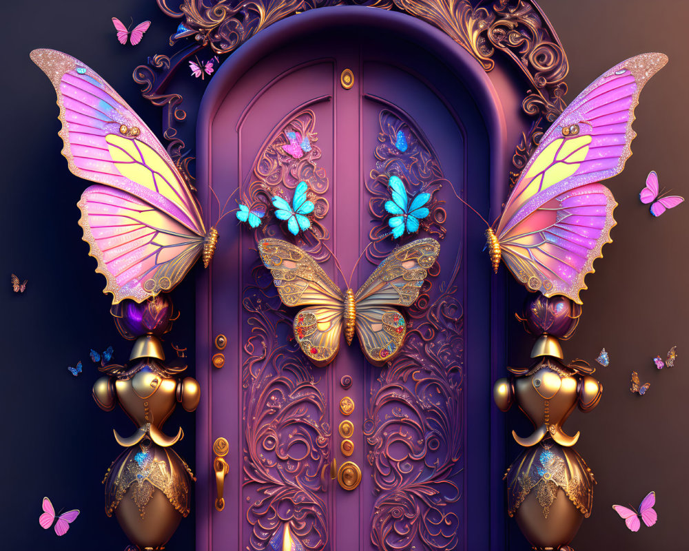 Purple ornate door with golden accents and butterfly motifs, surrounded by vibrant metallic sculptures