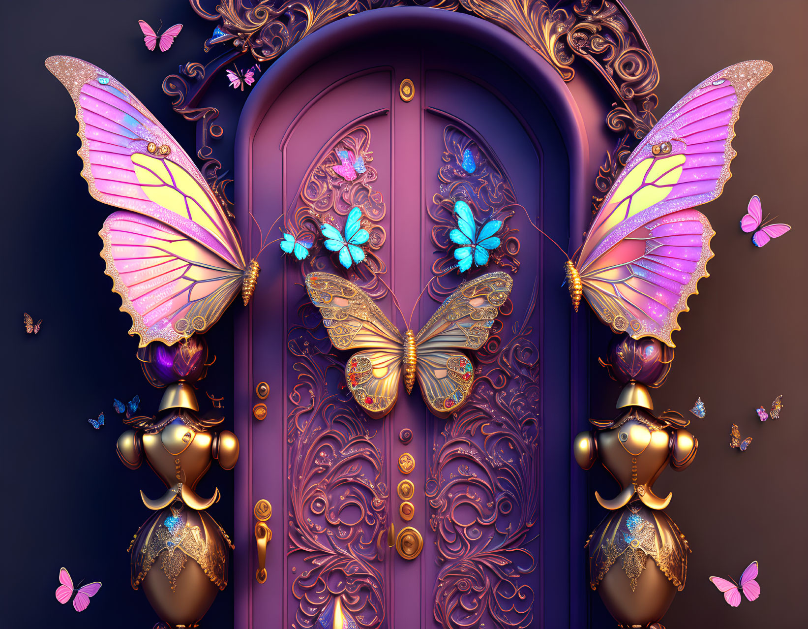 Purple ornate door with golden accents and butterfly motifs, surrounded by vibrant metallic sculptures